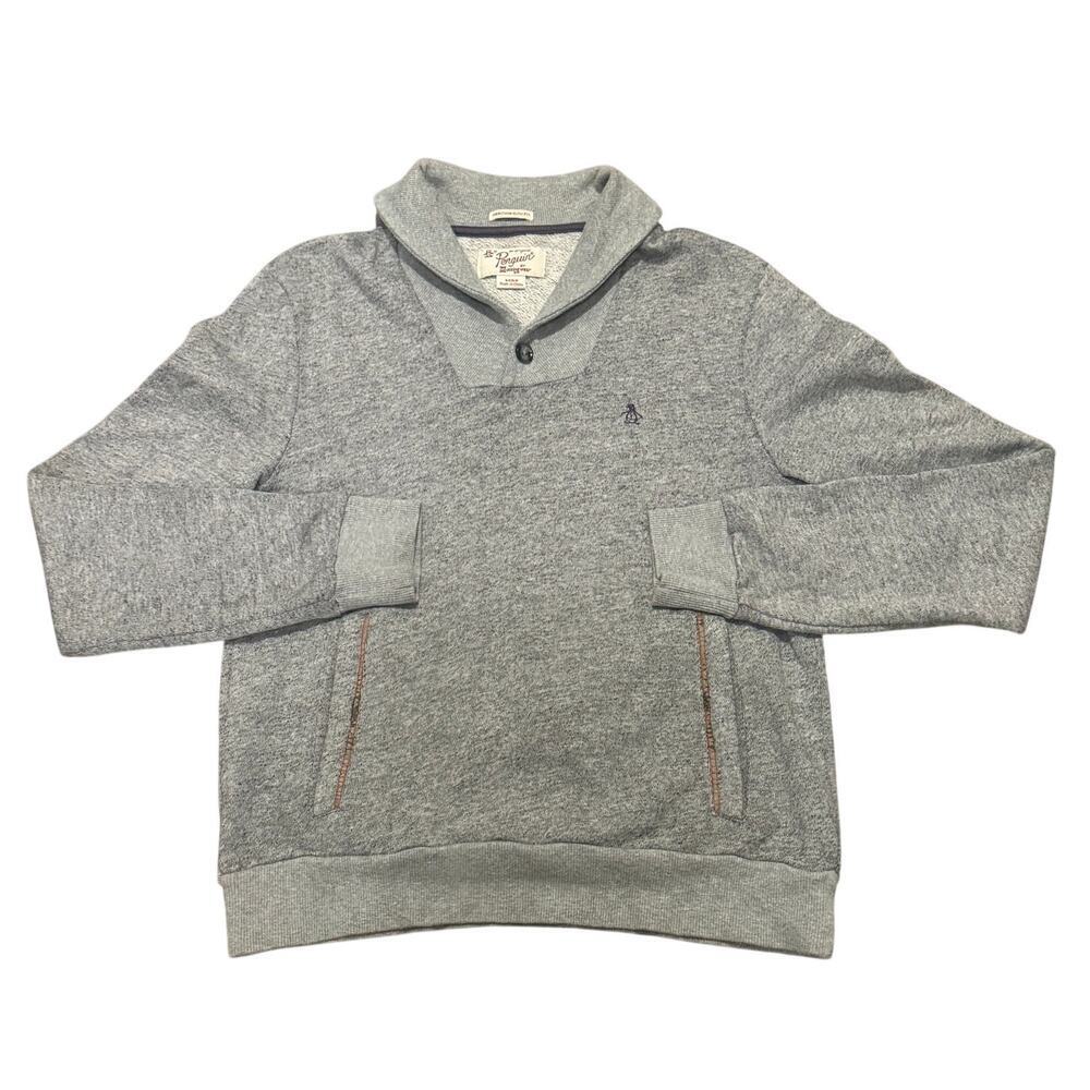 Penguin Munsingwear Shawl Neck Sweater Slim Gray Logo Embroidered Small Preppy